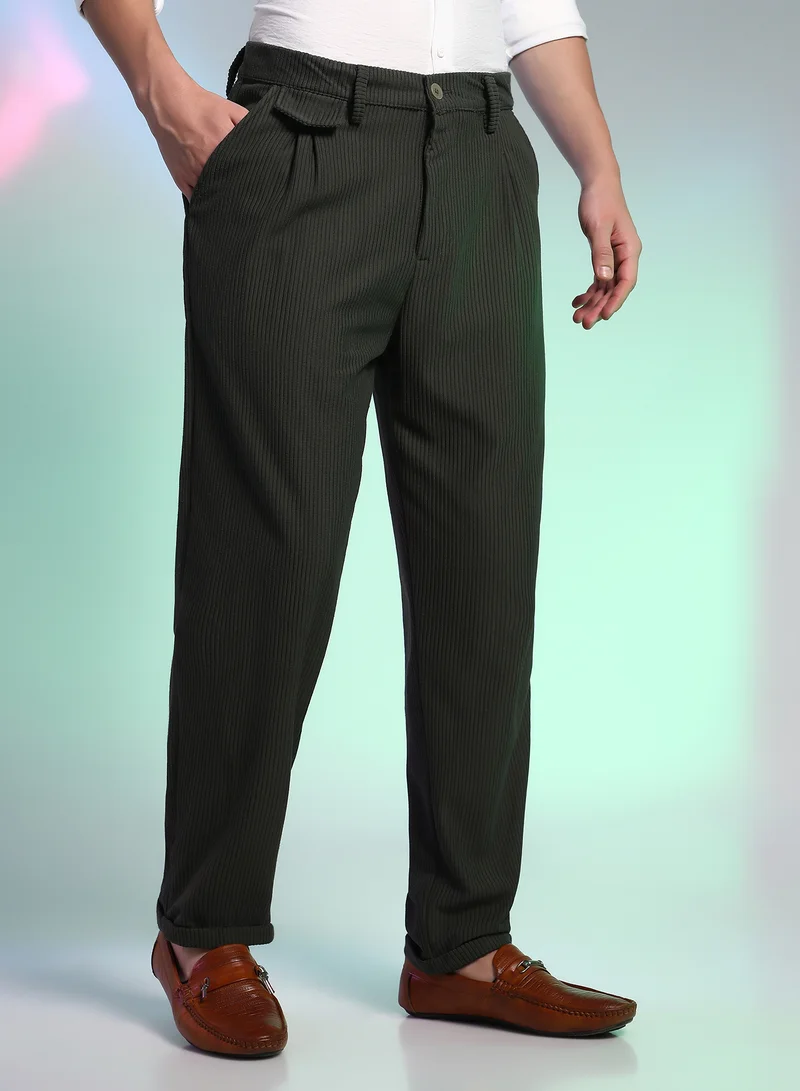 Campus Sutra Men's Midnight Black Corduroy Tailored Trousers For Casual Wear | Mid-Rise | Regular Fit | Button Closure | Trousers Crafted With Comfort Fit For Everyday Wear